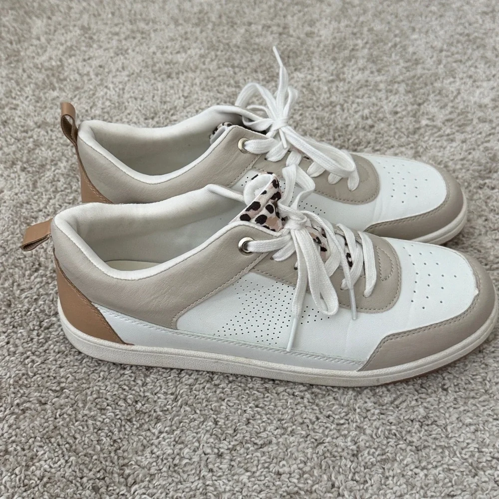 Universal Thread White & Taupe Lace-Up Sneakers with Leopard Tongue